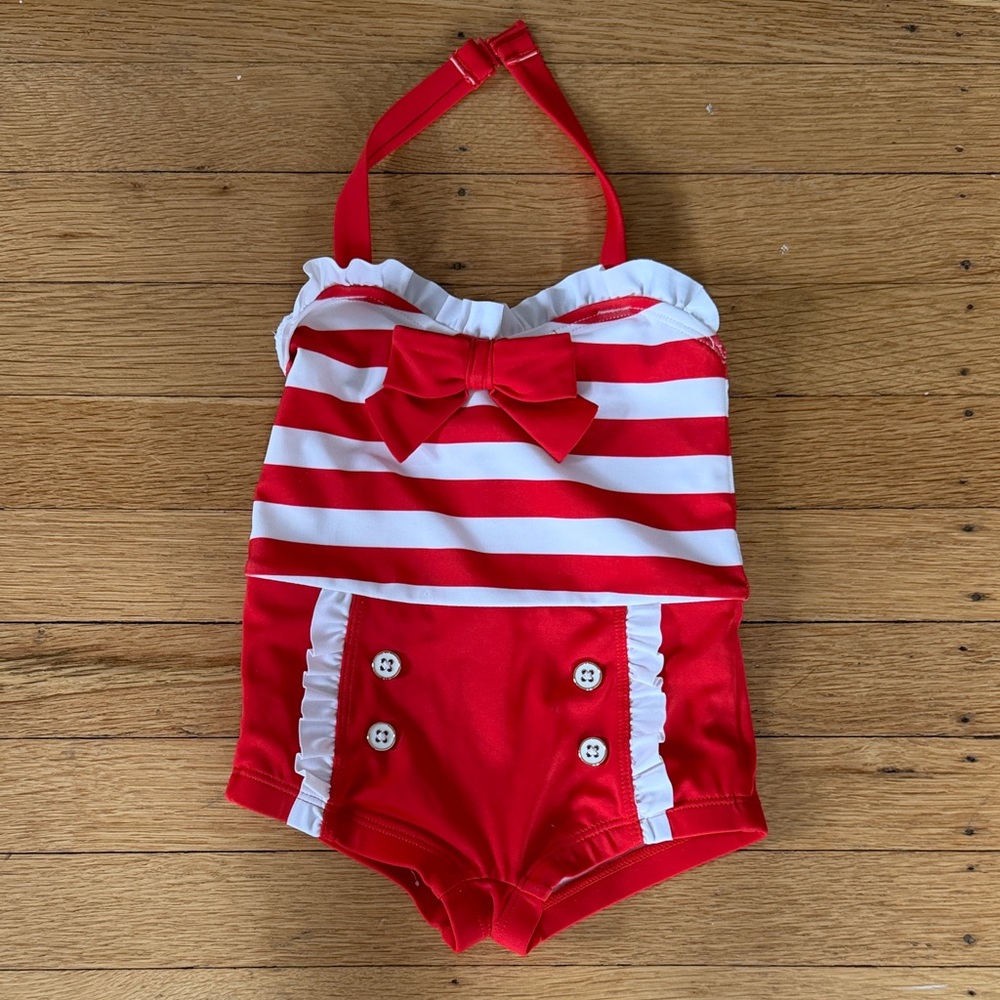 Baby Girl Red and White Striped Halter Romper Swimsuit